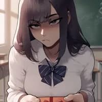 Obraz postaci - angry expression, sitting in classroom, wearing school uniform with bow tie, hands gripping desk, in