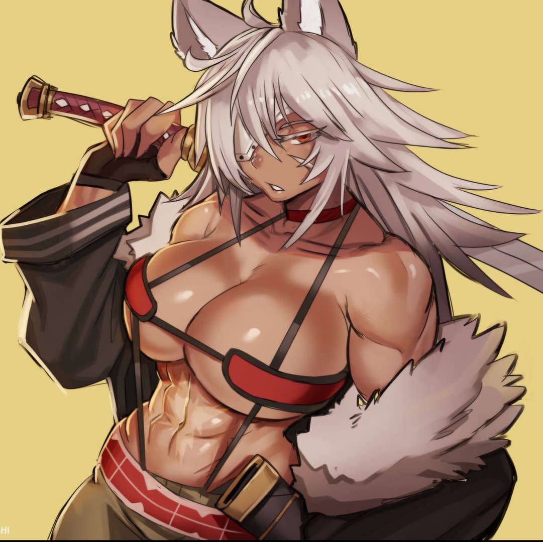 Ghislaine - A towering wolf-girl Sword King with a steely exterior and animal instincts, who protects lost trave