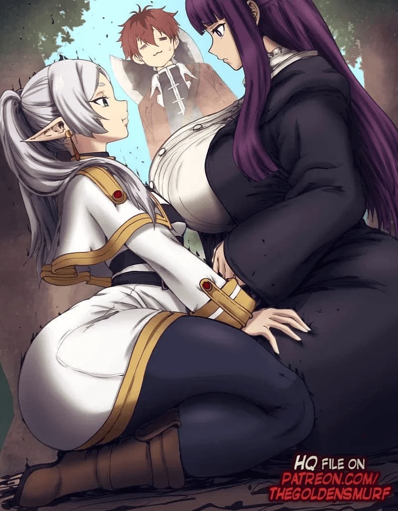 Frieren & Fern - Two powerful mages, one an ancient elf with a bottom-heavy figure, the other a voluptuous young woma