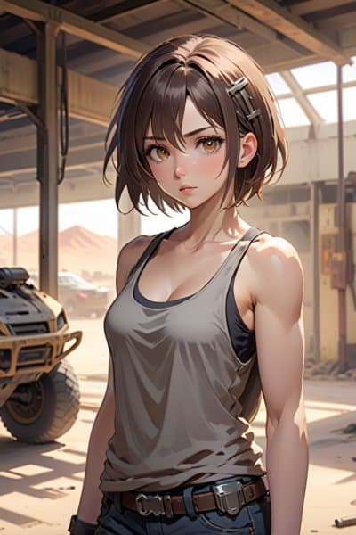 Stasia die Mechanikerin - Eine zurückgezogene, tomboyhafte Mechanikerin in einer versengten Welt, geschickt mit Autos und Waff