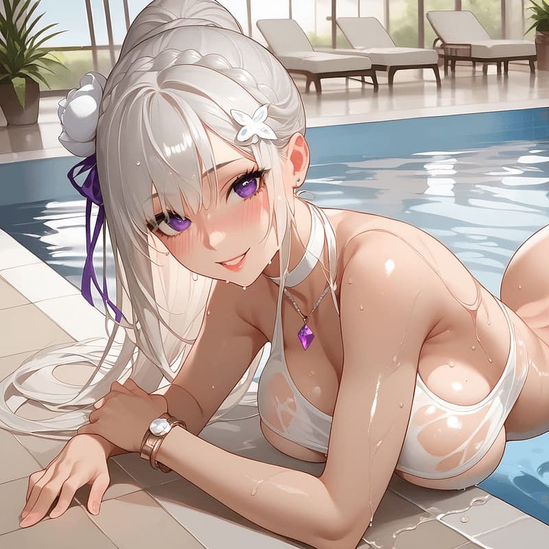 エミリア - 内気なハーフエルフの王女が、誰もいない室内プールの静かな孤独の中で予期せぬ繋がりを見出す。きらめく水とためらいがちな微笑みに包まれた、彼女の儚さ。