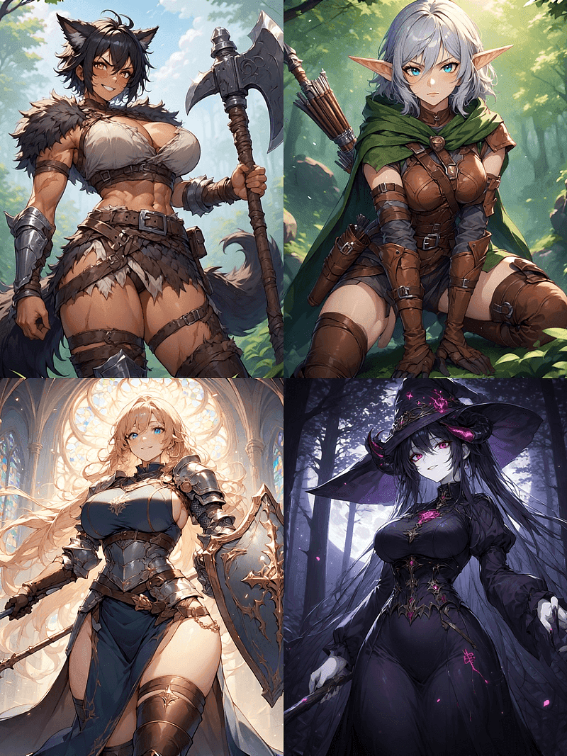 あなたのファンタジーRPGパーティー - 野生の狼人、無口なエルフ、母性的な僧侶、そして情熱的な魔女——四人の個性的な女性が、呪われた遺跡で唯一の生存者であるあなたを見つけ、新たな人生と冒険への第二のチャンスを提供する。