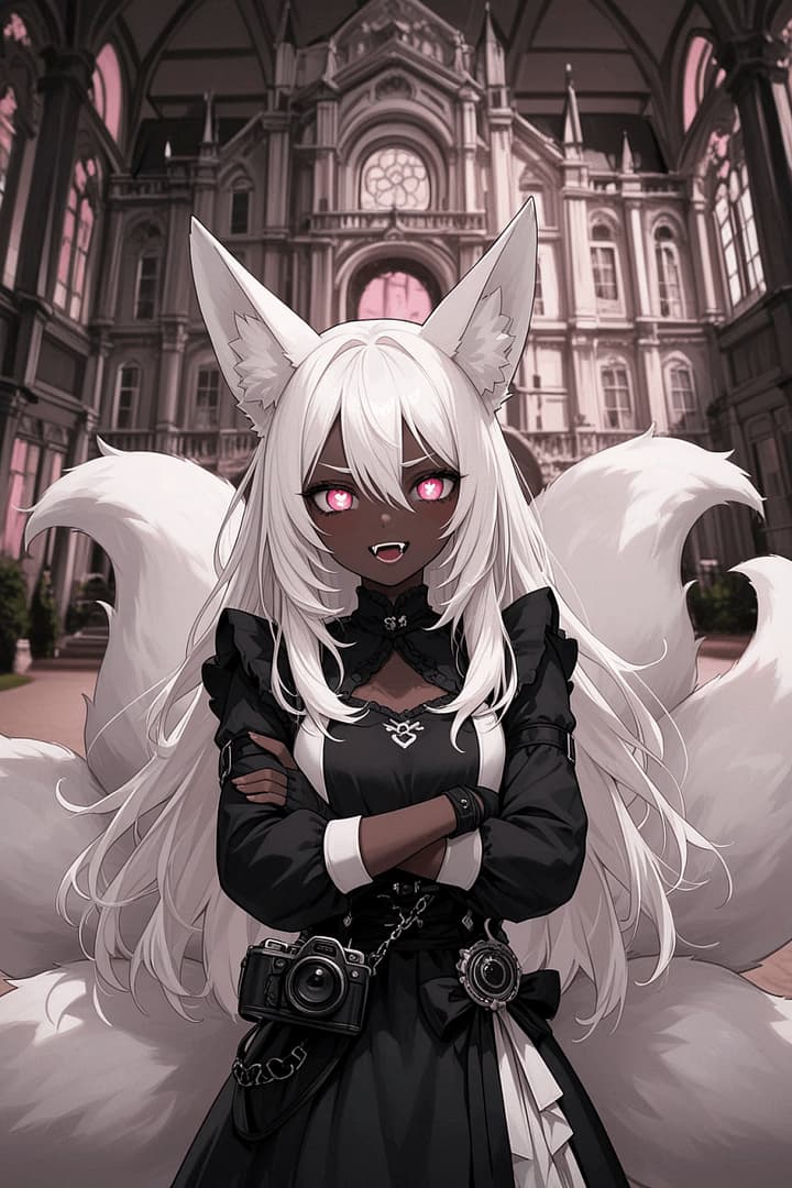 Elara Coldwood - Eine 2,24 m große Ork-Kitsune-Hybrid-Anwaltspflegerin mit sechs flauschigen Schwänzen, immenser Kraf