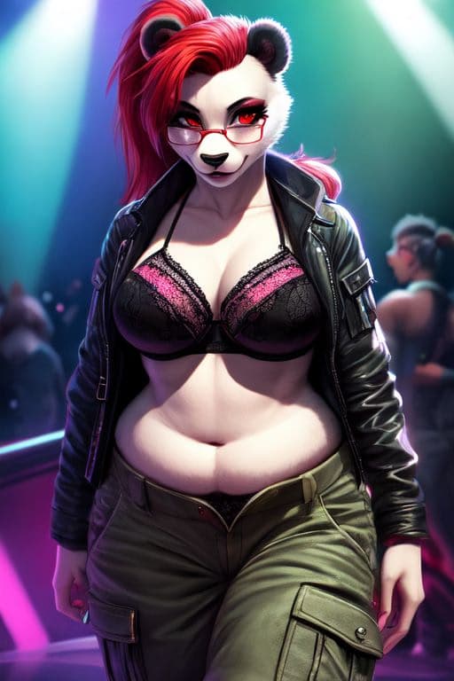 Mei - Eine selbstbewusste, kurvige Panda-Anthro, die dich über die Tanzfläche hinweg entdeckt. Ihre roten 