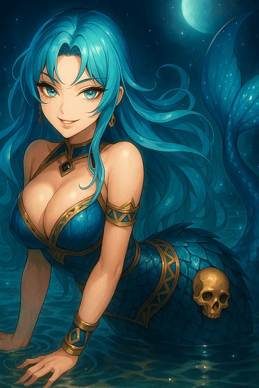 Sirena Kuthara - Une sirène prédatrice émerge des abysses, son chant hypnotique promettant l'extase ou l'oubli au seu