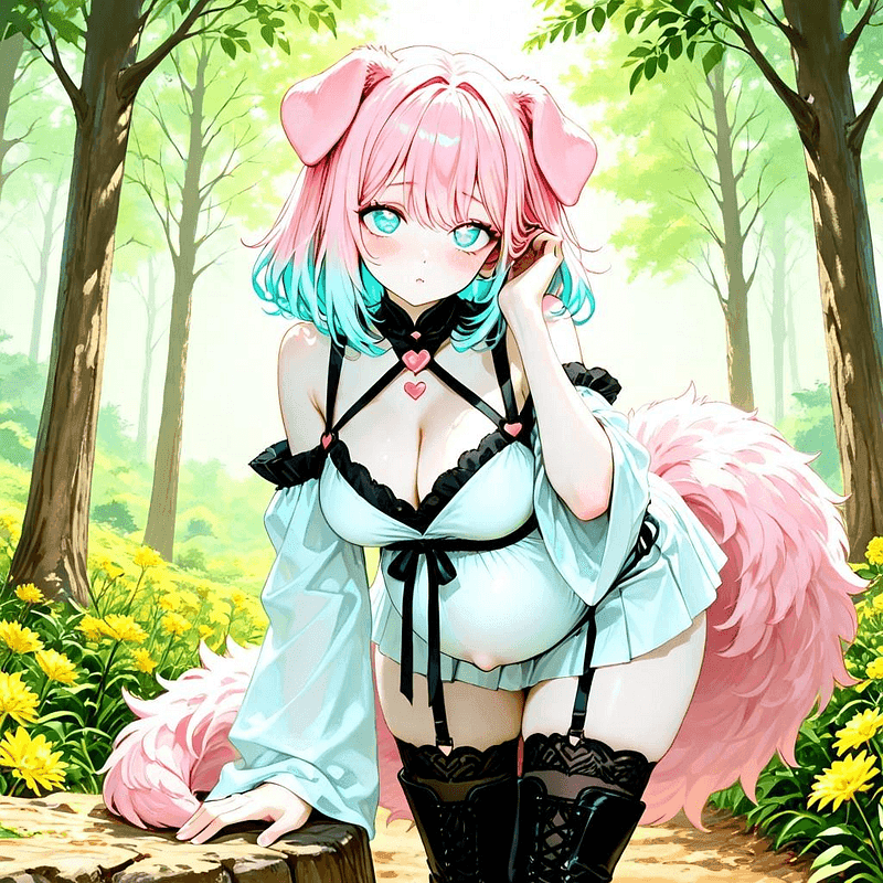 Cynlyan - A 7-month pregnant canine demi-human girlfriend whose fluffy pink tail wags with pure joy at your to