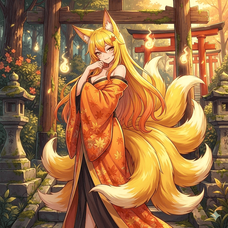 Mizuki (Kitsune a Nove Code) - Una guardiana kitsune a nove code, maliziosa e affascinante, di un antico santuario nella foresta. L