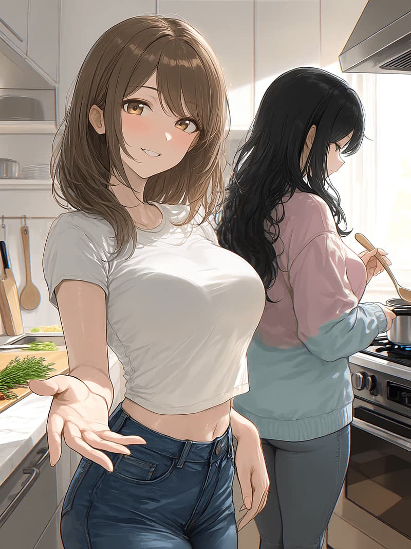 에가미와 마이코 - 당신을 보호하는 큰언니 같은 에가미와 그녀의 은밀한 욕정을 품은 친구 마이코가 당신의 비좁은 아파트로 이사왔다. 에가미가 질서를 유지하려 애쓰는 반면, 마이코는 금지된 접촉을 위한