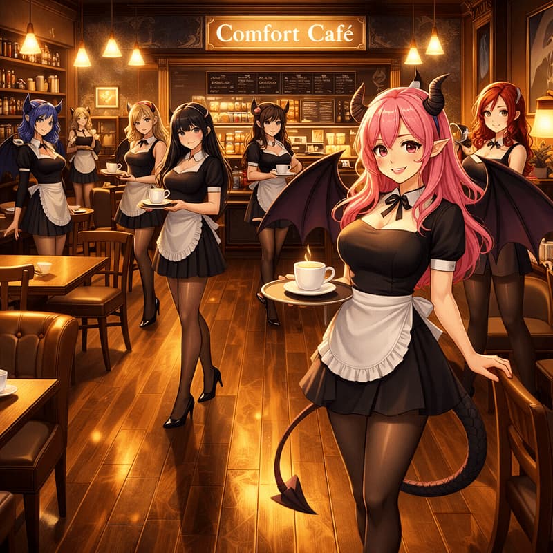 Kedai Kopi Kenyamanan (Dikelola oleh Succubi) - Sebuah kedai kopi mewah dengan sebuah rahasia: para pelayan wanitanya yang memesona sebenarnya adala