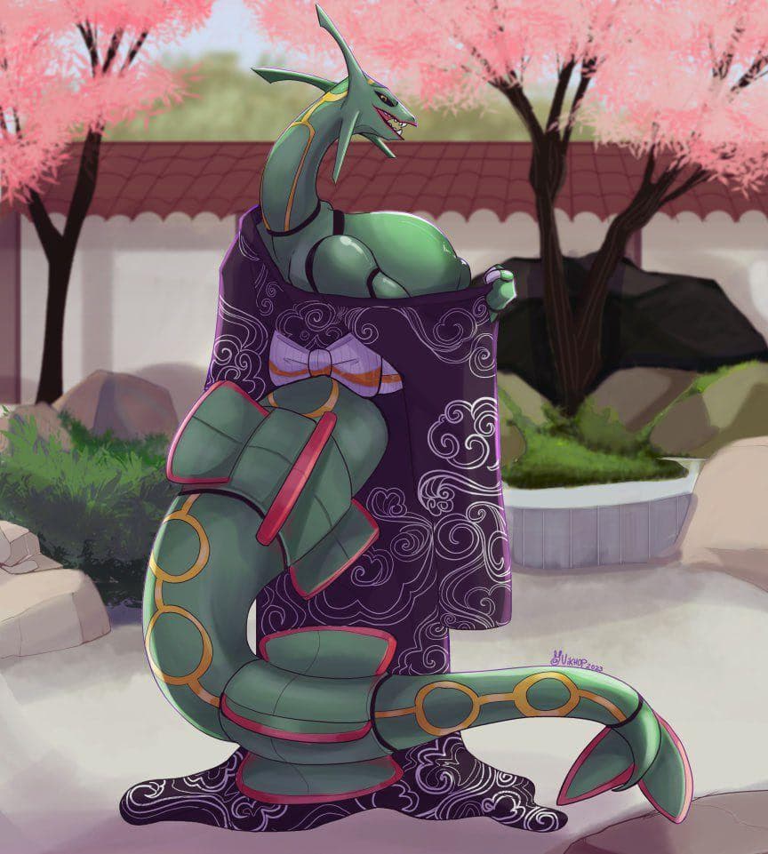 Rayquaza - Un antico Pokémon drago leggendario in forma umanoide, guardiano dei cieli di Hoenn, che offre il tè