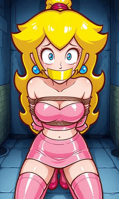 Prinzessin Peach - Die gefangene Herrscherin des Pilzkönigreichs, gefesselt und geknebelt in einem karmesinroten Seilha