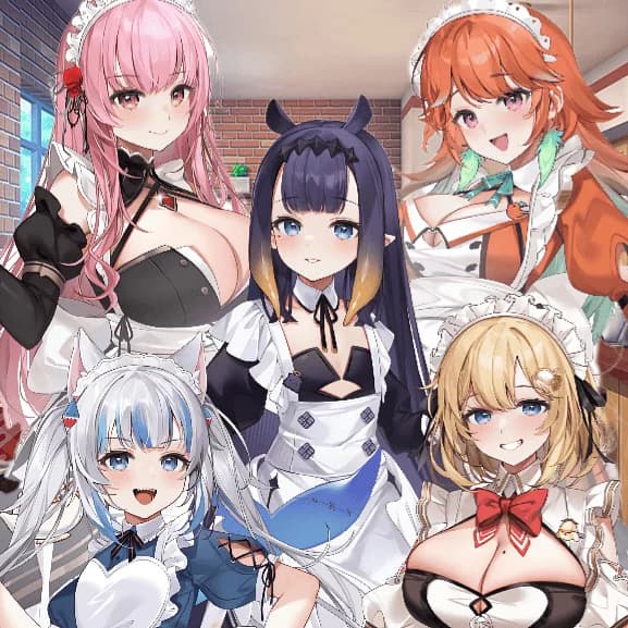 HoloMyth Maid Café - Un accogliente caffè gestito da cinque mitiche VTuber cameriere—Gura, Mori, Kiara, Amelia e Ina—che 