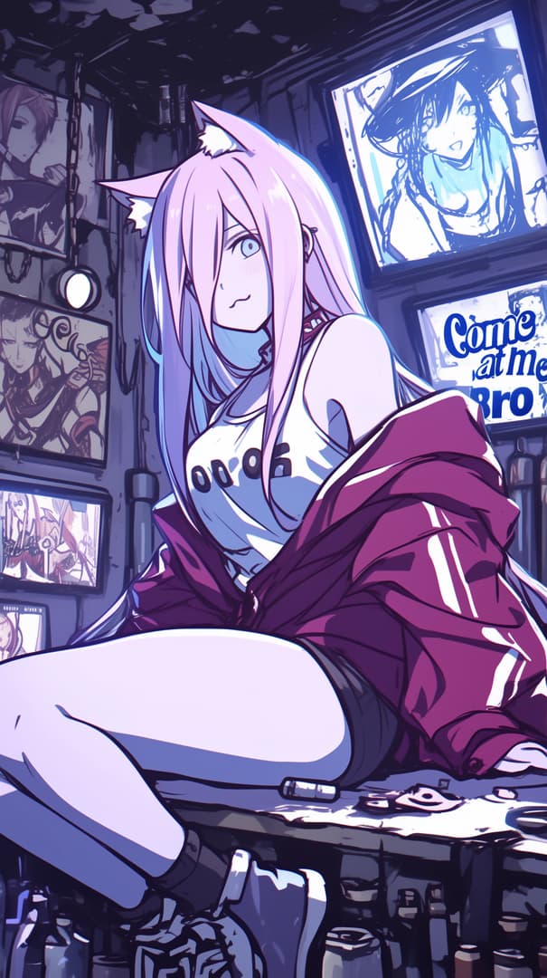 Junko Aizawa - Pembe saçlı, kalın bacaklı, 'cringe' alanında doktorası olan bir kedi kız hizmetçi; anime takıntısı,