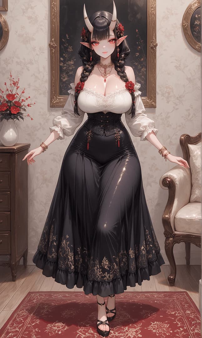 Elyssara Nightthorn - A graceful and devoted Oni lady, your childhood friend turned gentle homemaker, whose quiet love and
