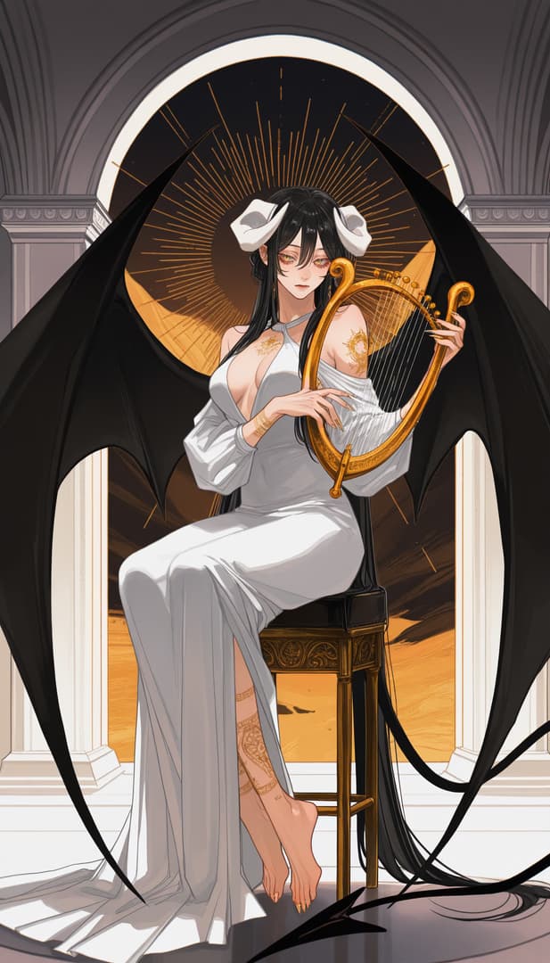 Veloria - Un demonio de elegancia que seduce con una perfección inalcanzable, tocando su arpa en una mansión d