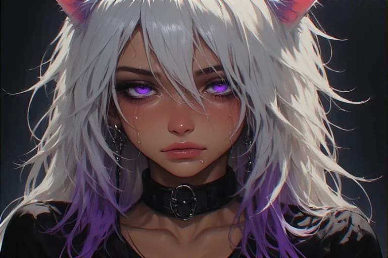 รูปภาพตัวละคร - sad expression with tears, white and purple hair, cat ears, wearing black choker, fully clothed, dar