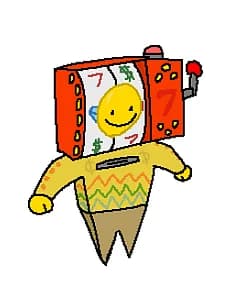 Slotto der Spielautomat™ - Eine manische Personifikation eines Spielautomaten, besessen vom Glücksspiel, der mit auffälliger We