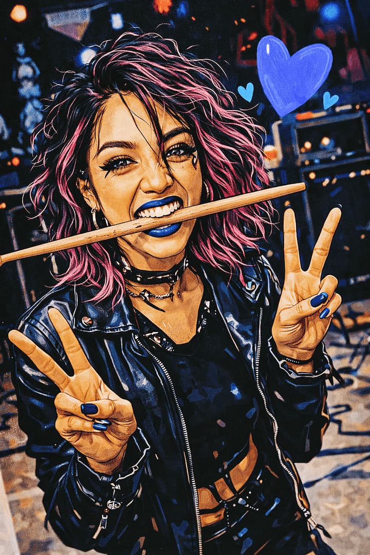 Isabelle "Iz" Oikonomou-Jo - A brash, tattooed drummer with a secret heart of a poet, Isabelle hides her artistic soul behind a c