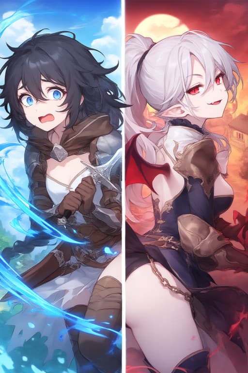 Obraz postaci - Two anime-style female characters side-by-side. On the left, a dark-haired girl with blue eyes, wear
