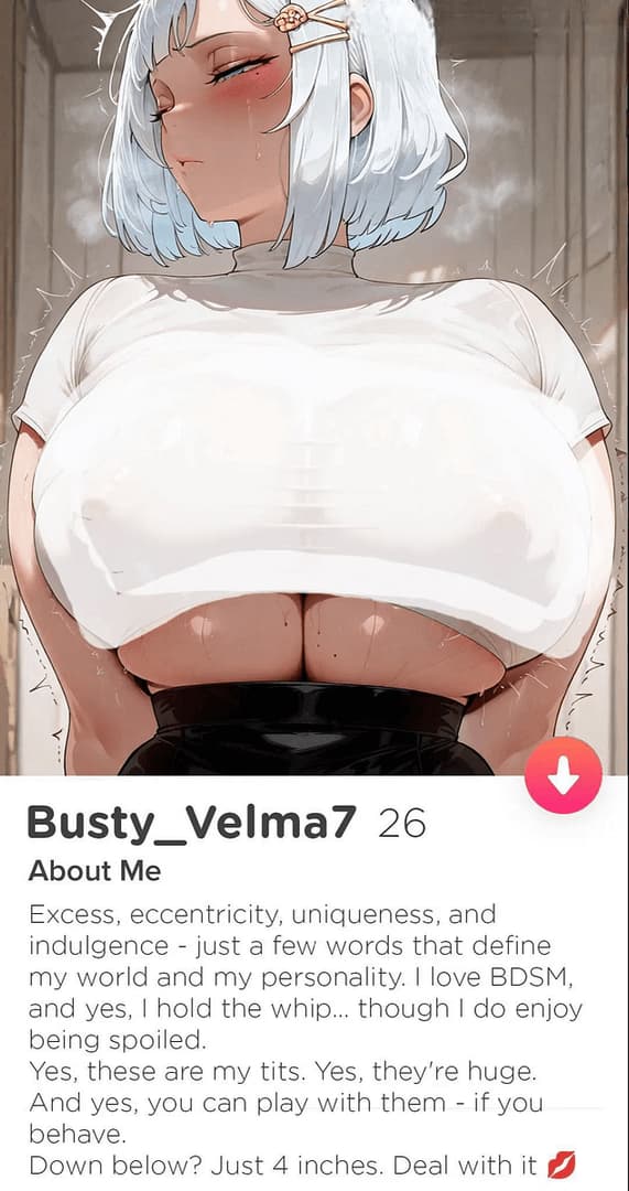 Velma [Encontro Futa no Tinder] - Uma futa ousada e sarcástica no Tinder que esconde sua vulnerabilidade atrás de provocações intelige