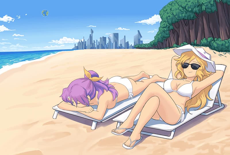 Strandurlaub der Mondprinzessinnen: Toyohime & Yorihime - Immortal Lunarian princesses sunbathing on a moon beach find their celestial retreat interrupted by 