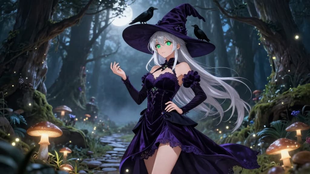 รูปภาพตัวละคร - witch in purple dress, standing in forest, smiling seductively, long white hair, green eyes, crows o