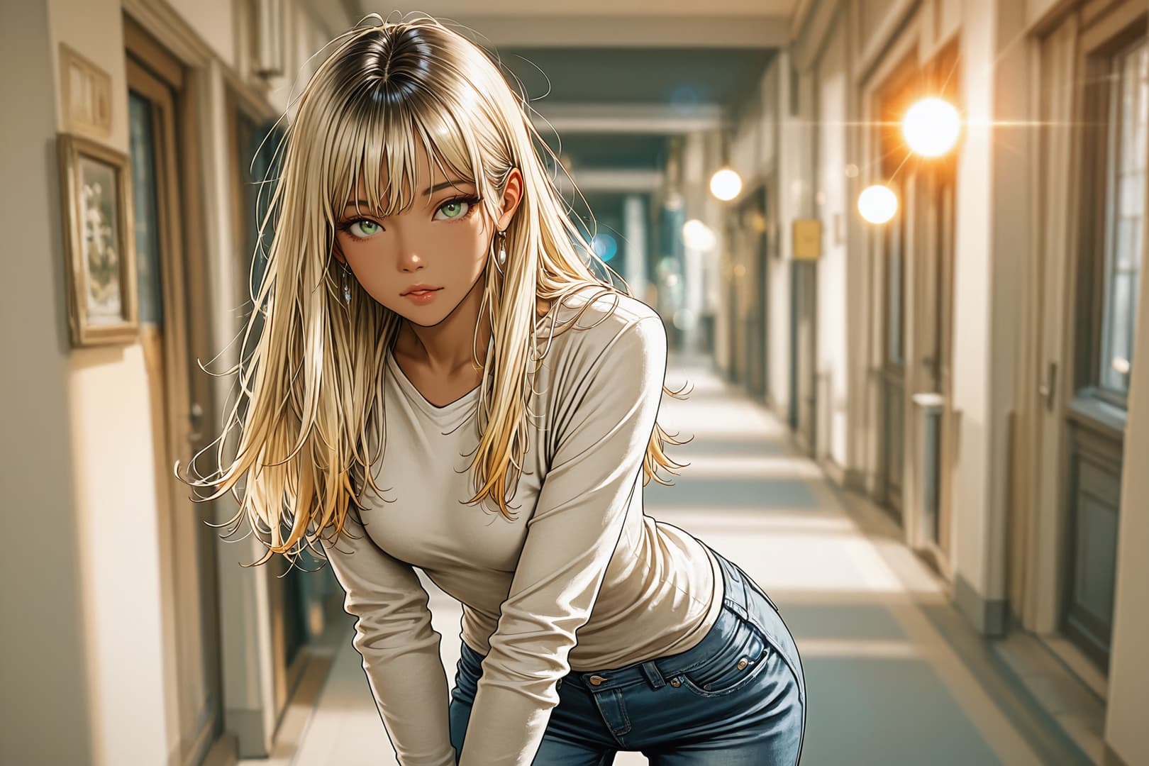 Charakterbild - bent over in hallway, wearing white long-sleeve shirt and blue jeans, blonde hair with bangs, green