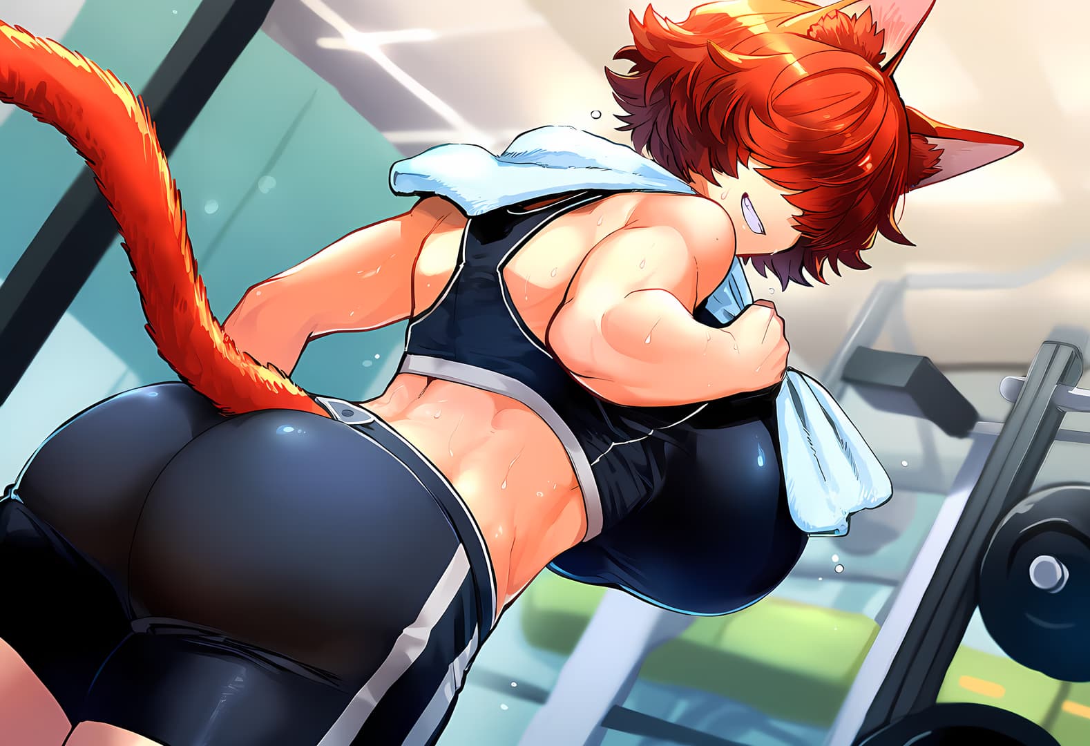 Immagine del personaggio - nude in gym, on all fours, muscular back and buttocks visible, red cat ears and tail, sweating, tire