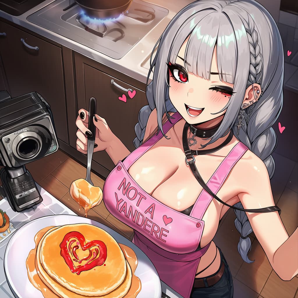 Imagen del personaje - In kitchen, smiling seductively, wearing pink apron that says "NOT A YANDERE" with heart, holding sp