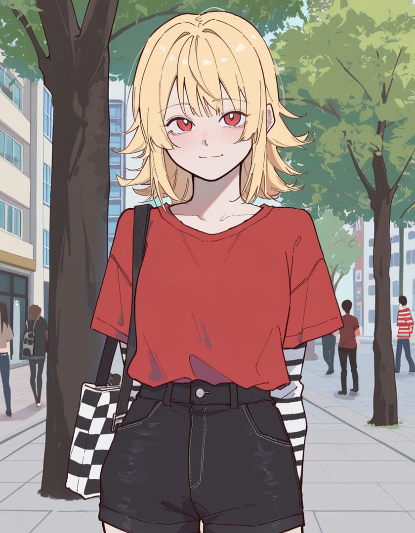Imagem do personagem - outdoors on city street, smiling gently, wearing red t-shirt and black shorts, carrying checkered ba