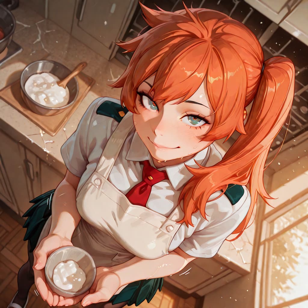 Charakterbild - in kitchen, wearing school uniform with apron, holding bowl of batter, smiling playfully, hair in pi