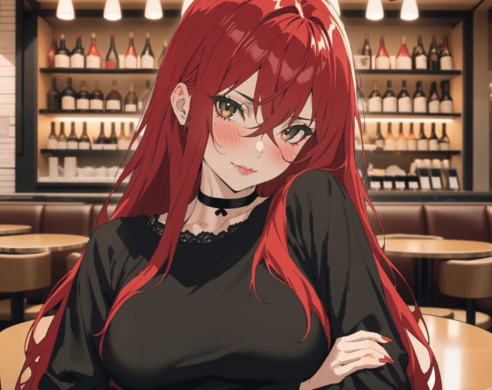 캐릭터 이미지 - sitting in cafe, red hair, black top, shy smile, blushing, looking at viewer