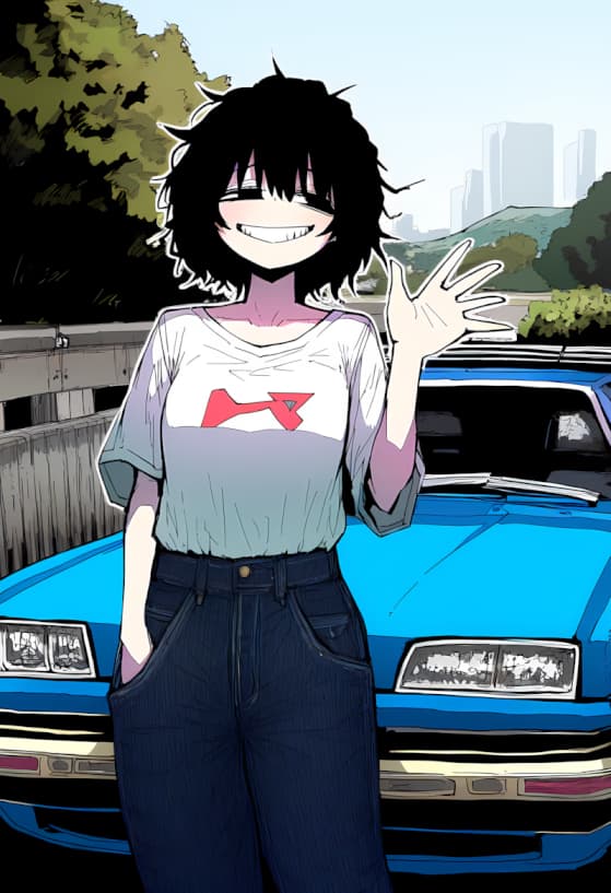 Obraz postaci - happy expression, waving hand, standing outdoors in front of blue car, wearing white t-shirt with re