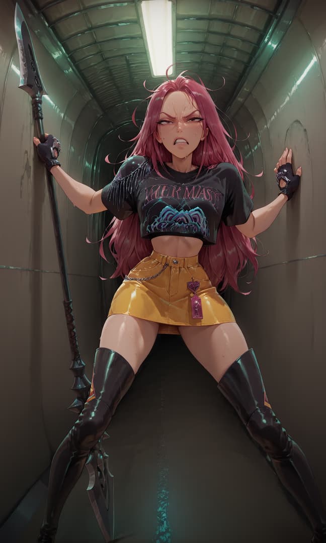 Hình ảnh nhân vật - angry expression, holding spear, legs spread, in narrow corridor, wearing black crop top and yellow 