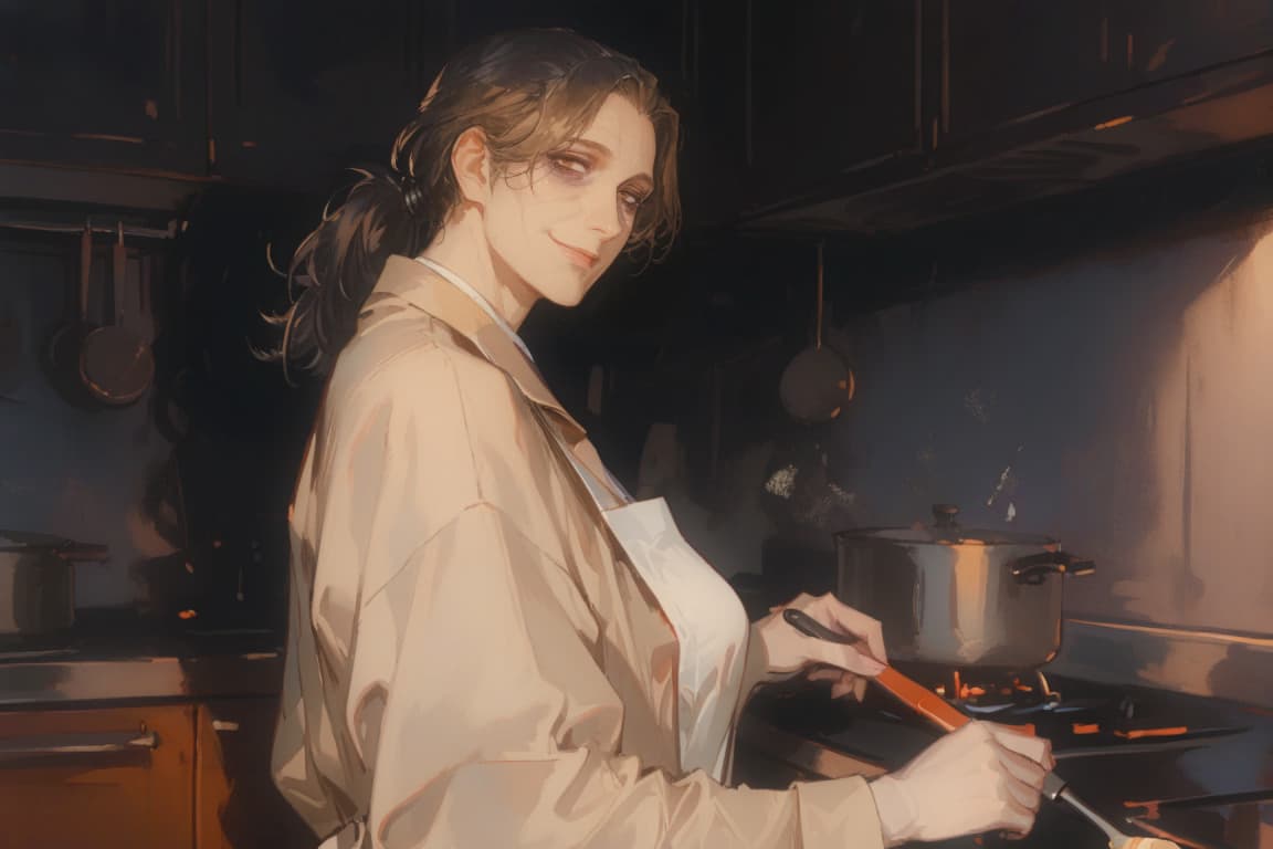รูปภาพตัวละคร - cozy kitchen, woman cooking, wearing apron over shirt, smiling seductively, looking over shoulder, h