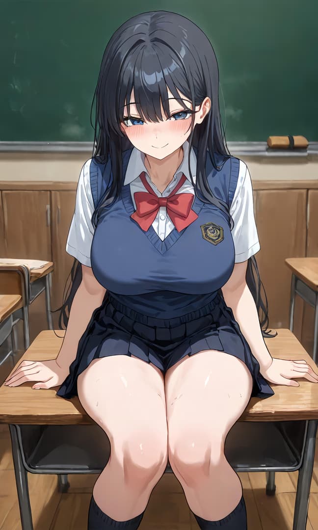 Immagine del personaggio - sitting on desk in classroom, legs spread wide, wearing school uniform with red bow, blushing with s