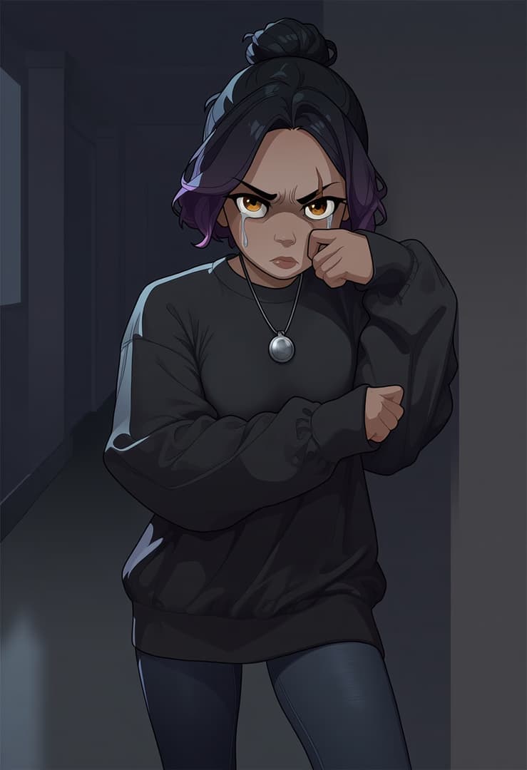 Character image - angry pout with crossed arms, tears in eyes, wiping a tear, standing in dim hallway, wearing black s