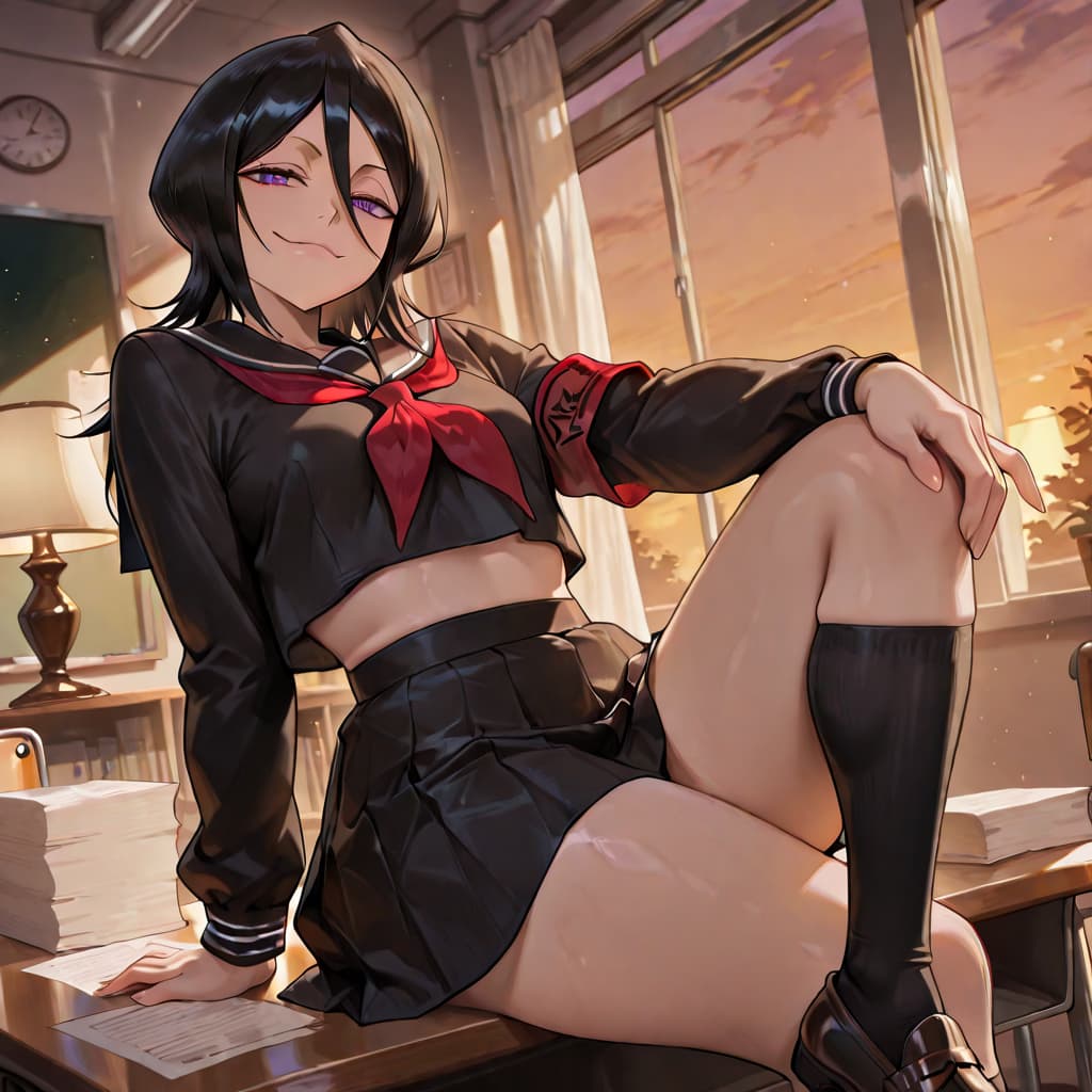 Immagine del personaggio - sitting on desk in classroom, wearing school uniform with red bow and short skirt, legs spread, one 