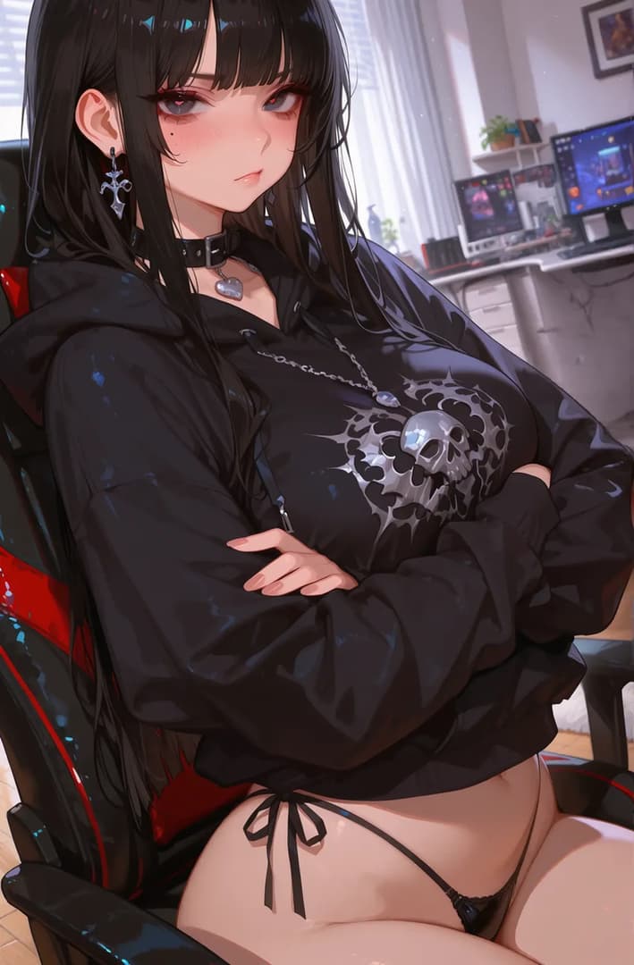 Charakterbild - Sitting in gaming chair, arms crossed, seductive expression with blushing cheeks, wearing black hood