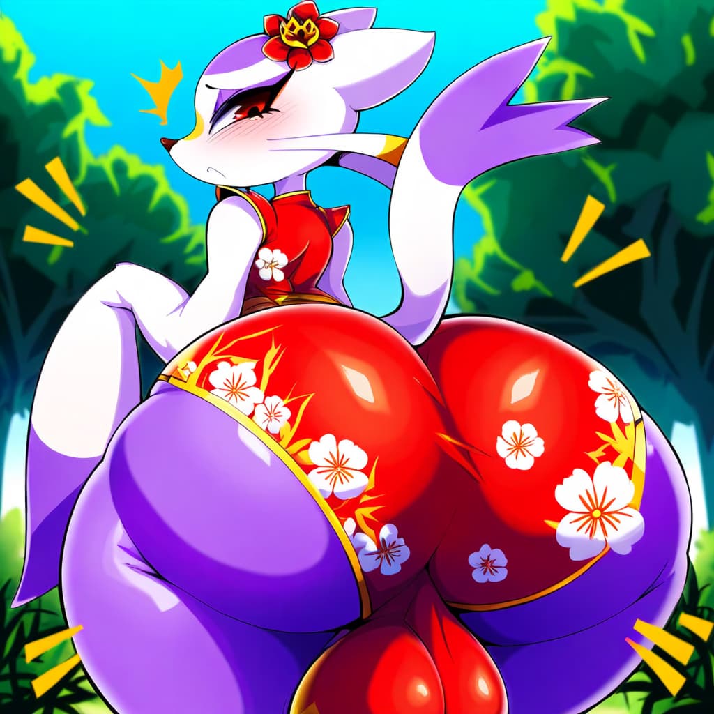 Imagen del personaje - nude, sitting with legs spread, large red and purple buttocks prominently displayed, wearing a red f