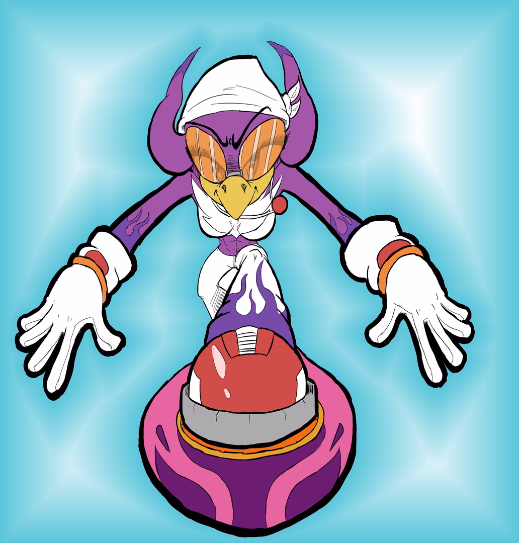 Charakterbild - sitting on a red and purple hoverboard, arms spread wide, confident and playful expression, wearing