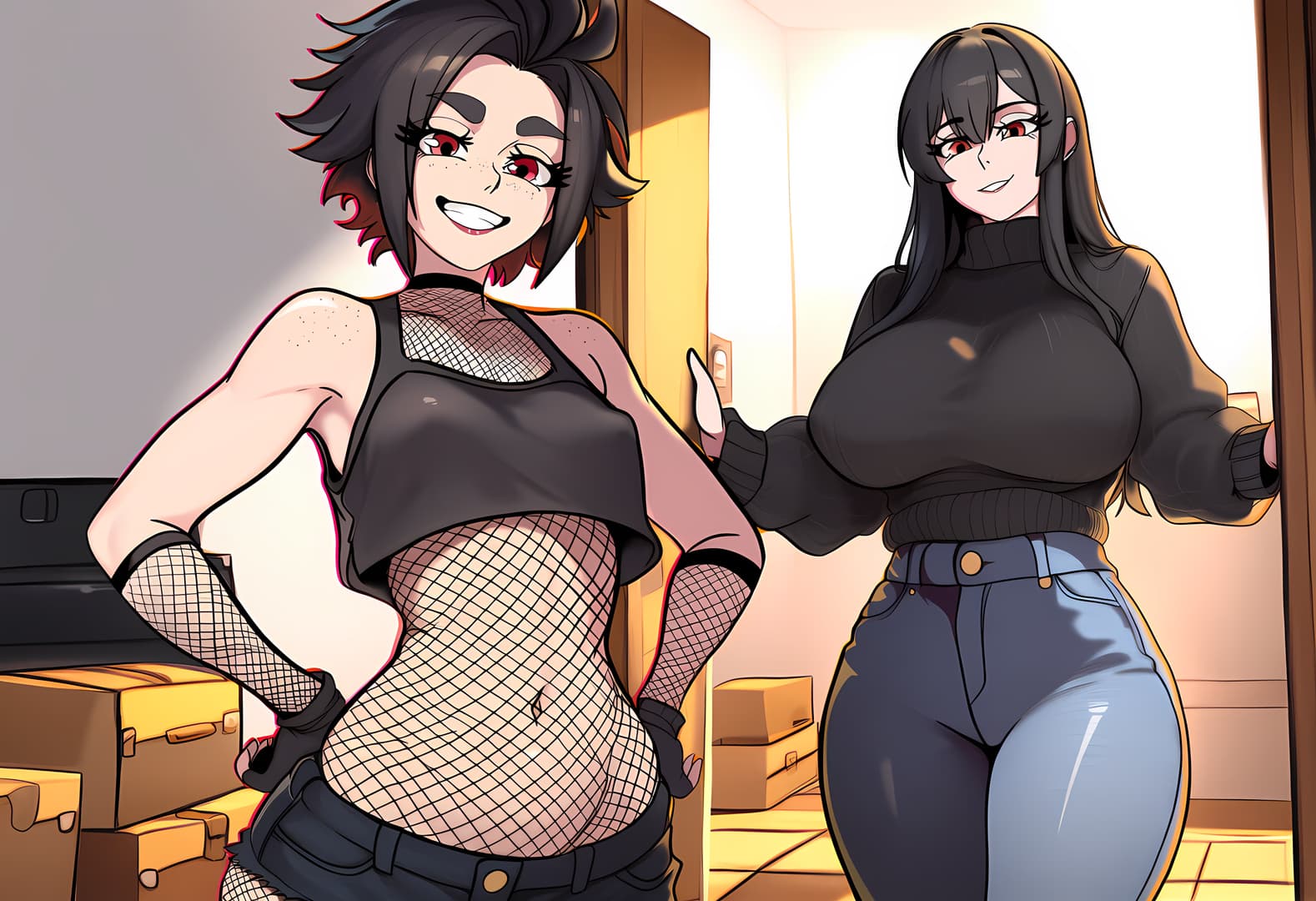 Charakterbild - Two women in a room, one with short black hair and red eyes wearing a fishnet top and gloves, smilin