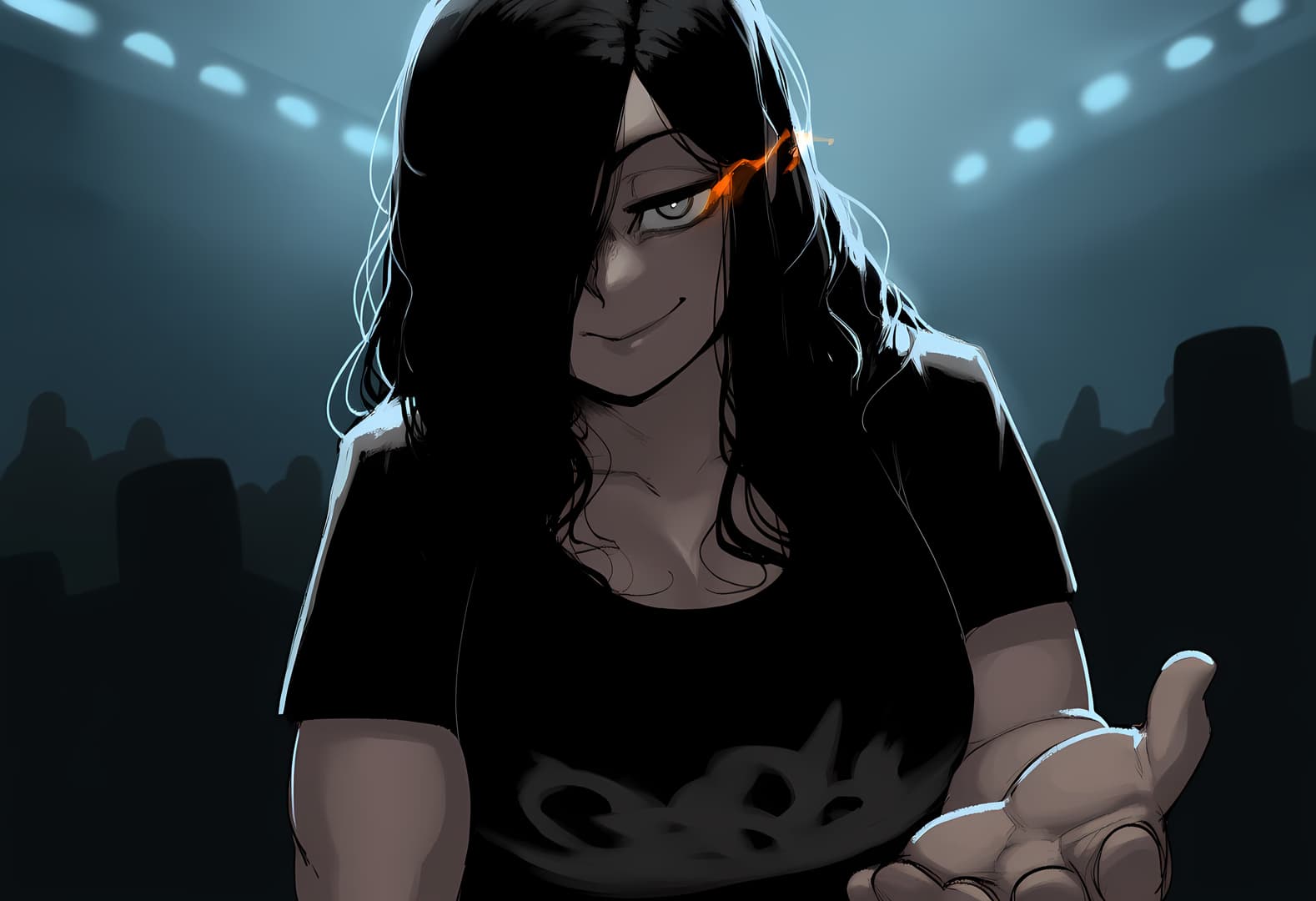 Charakterbild - seductive smile, hand extended forward, dark hair with glowing orange streak, wearing black shirt, d