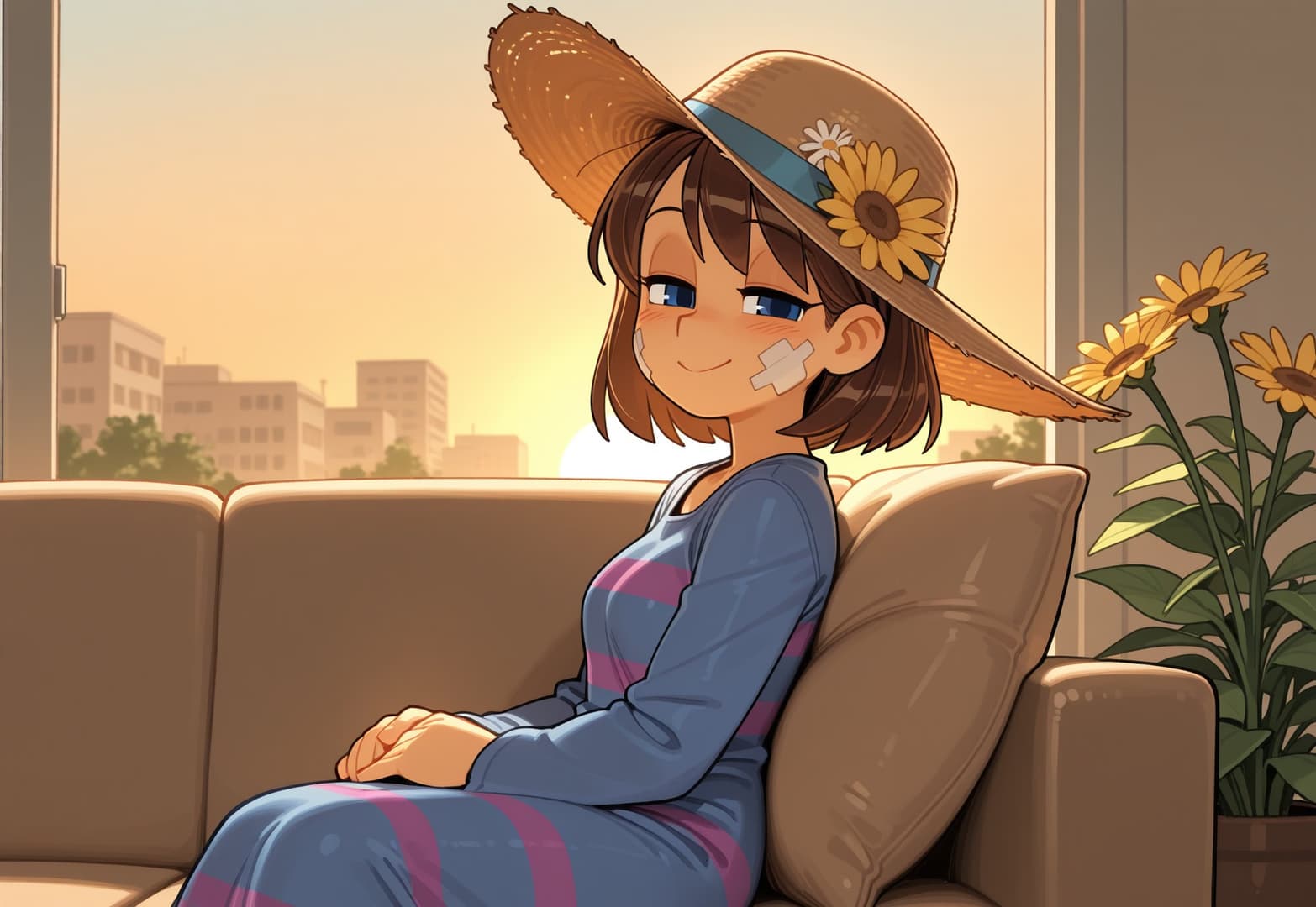 Character image - sitting on couch, smiling with bandages on cheeks, wearing straw hat with sunflower, cozy indoor set