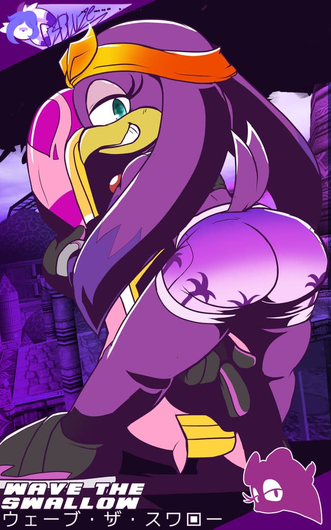 Charakterbild - nude on all fours, purple bird-like character with long hair, legs spread, seductive expression, loo