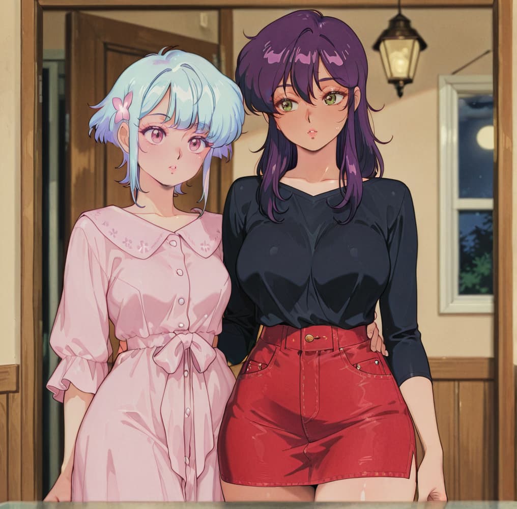 รูปภาพตัวละคร - Two anime-style women standing close together indoors, one with light blue hair and pink dress looki