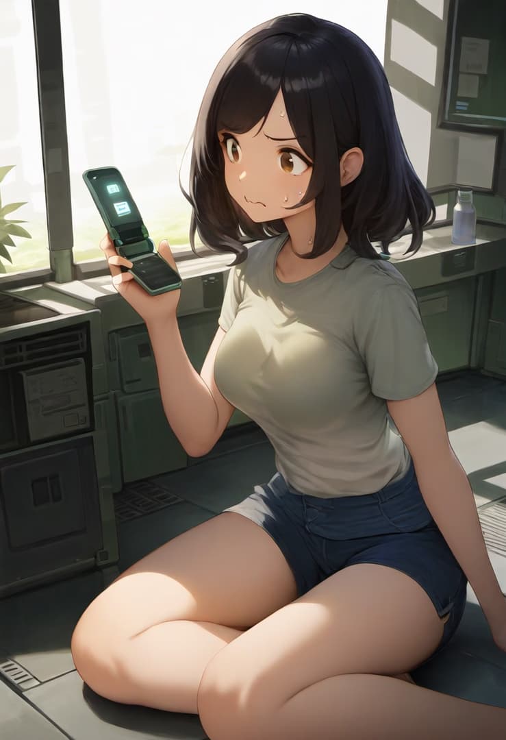 รูปภาพตัวละคร - sitting on floor, holding flip phone, nervous expression with sweat drops, wearing t-shirt and short