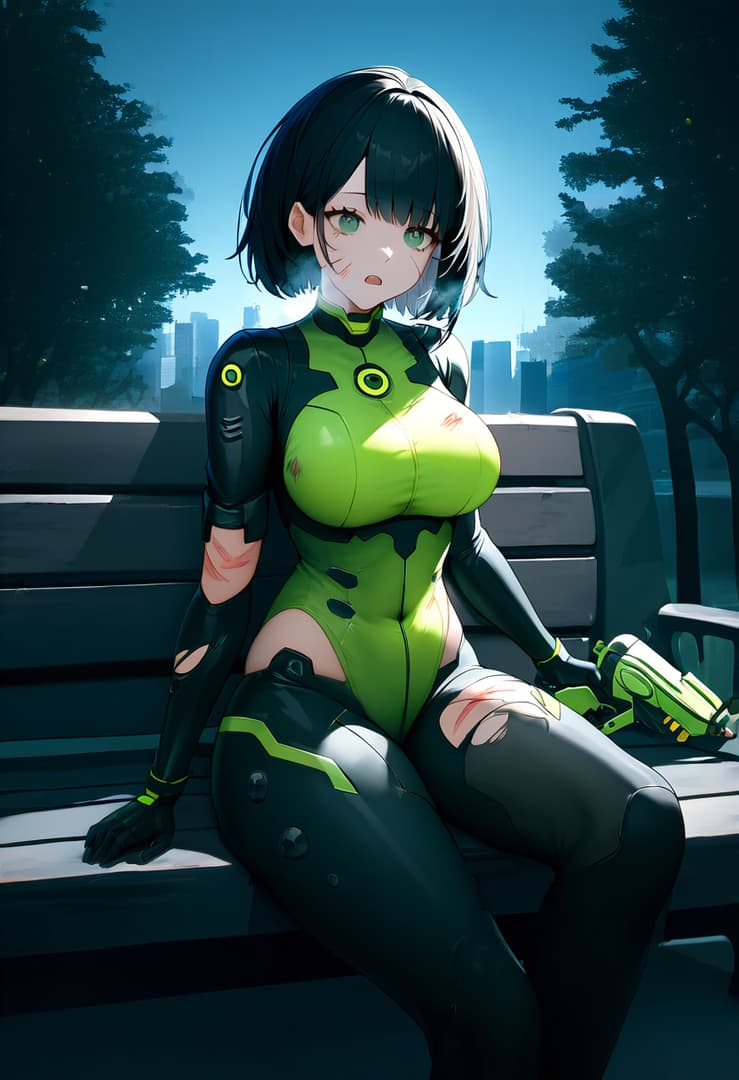 รูปภาพตัวละคร - sitting on bench outdoors, wearing tight green and black futuristic bodysuit with exposed thighs and