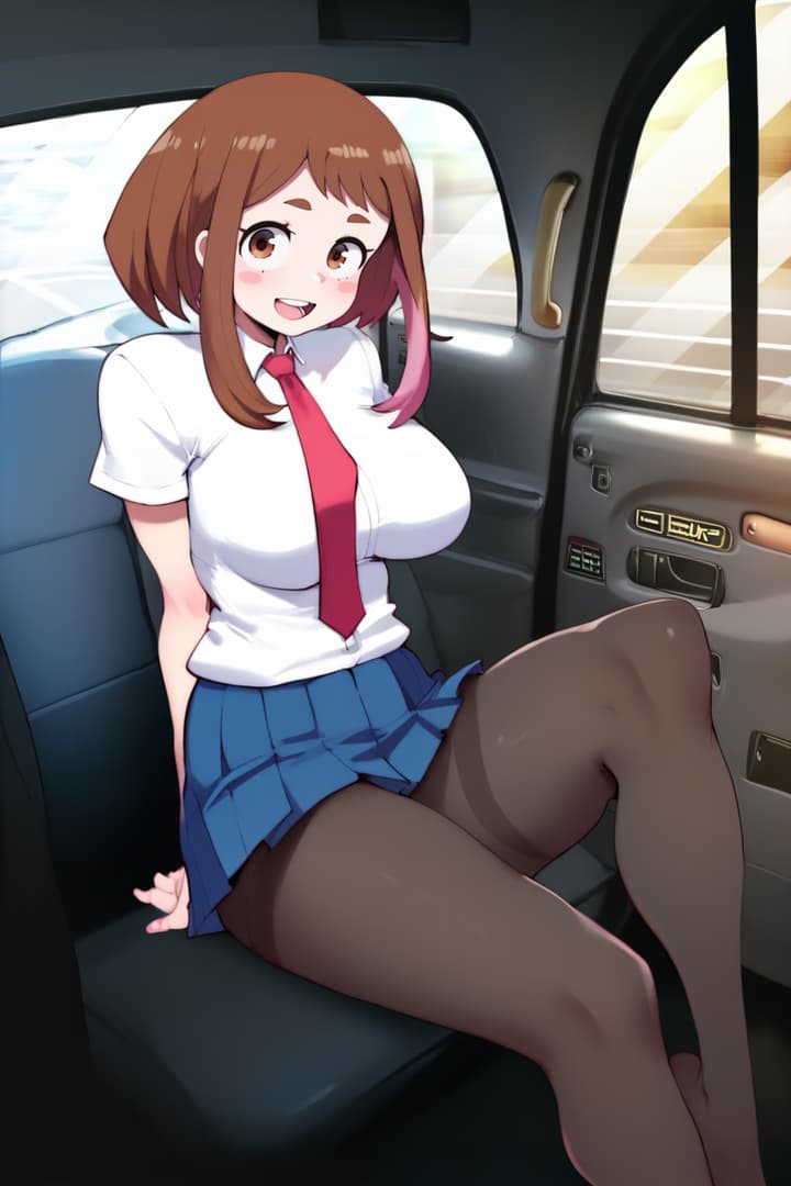 캐릭터 이미지 - sitting in car, legs spread, wearing school uniform with white shirt and blue pleated skirt, red tie