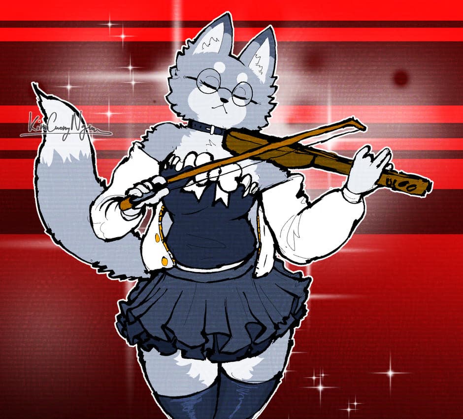 Charakterbild - gray wolf-like anthropomorphic character with glasses, playing violin with closed eyes and a serene